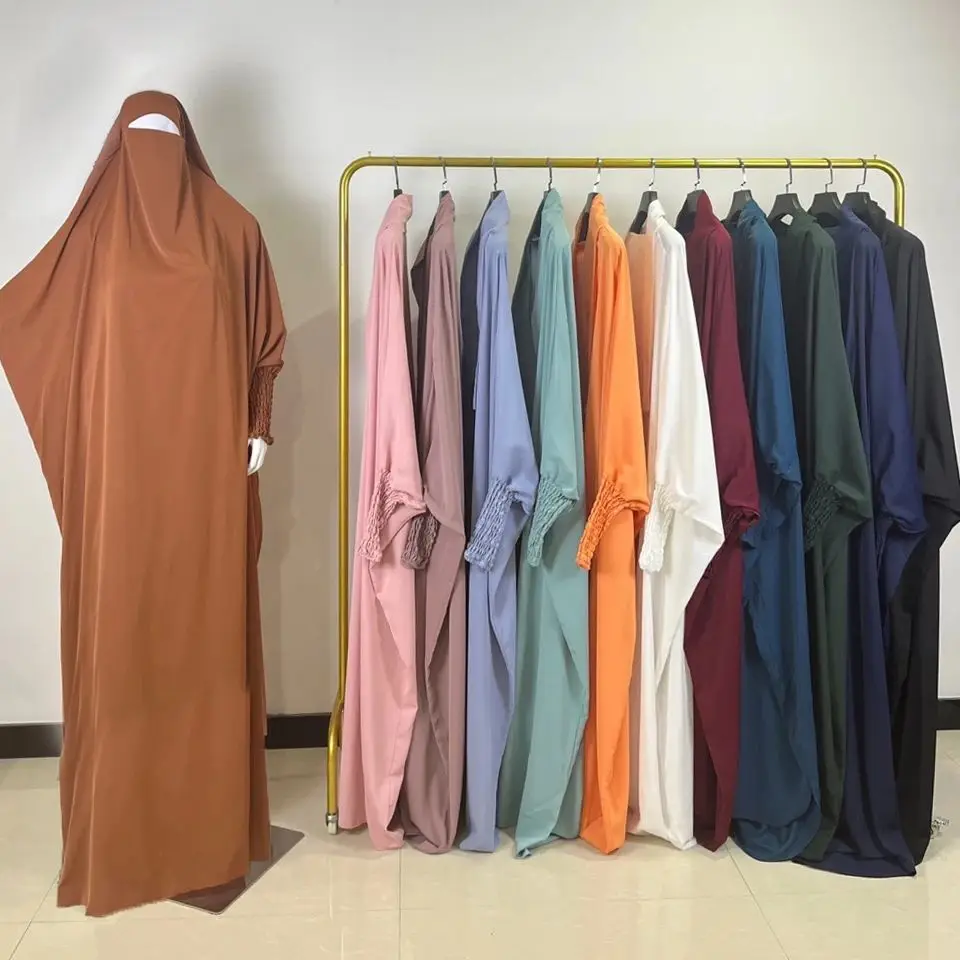 Ramadan Muslim Robe One Piece Cinch Sleeve Long Dress Prayer Hijab Dress Jilbab Women Hooded Abaya Niqab Islam Dubai Plain Robe