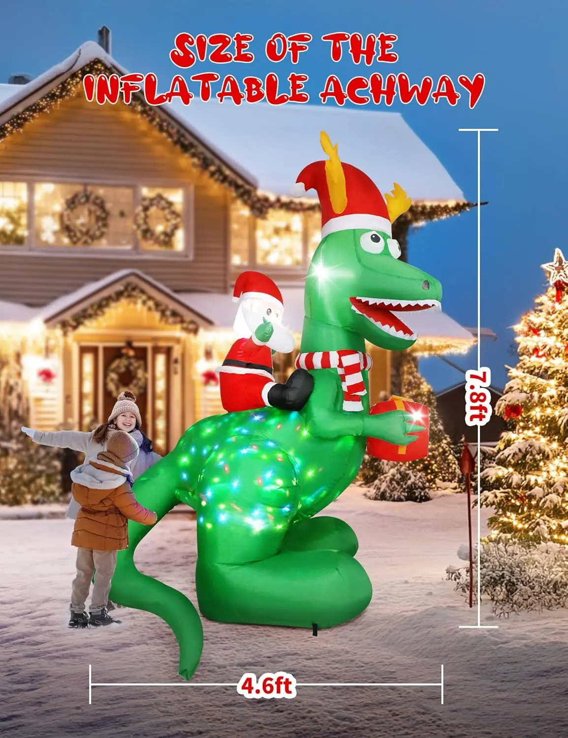 8ft Christmas Inflatables Dinosaur Outdoor Decorations with Bright LED and Disco Light, Santa Claus Riding Dinosaur Holding Gift