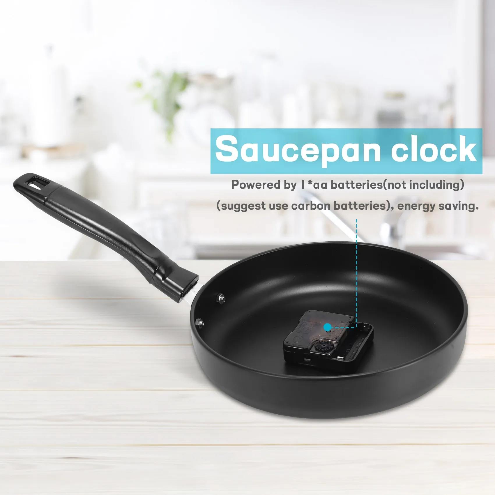 (A95Z] 8 Inch Frying Pan Design Hanging Wall Clock Kitchen Metal Clock ,Themed Wall Watch,for Home Room Decoration,Black view 2