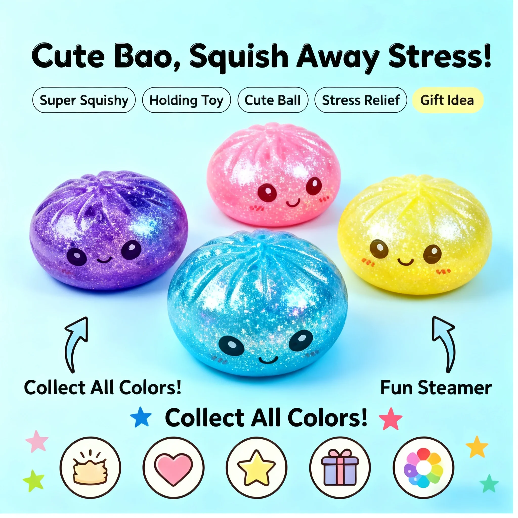 Simulation Steamed Bun Stress Relief Squeeze Toy Soft Squishy Fidget Decompression Bao with Beads Sparkles Sensory Accessory
