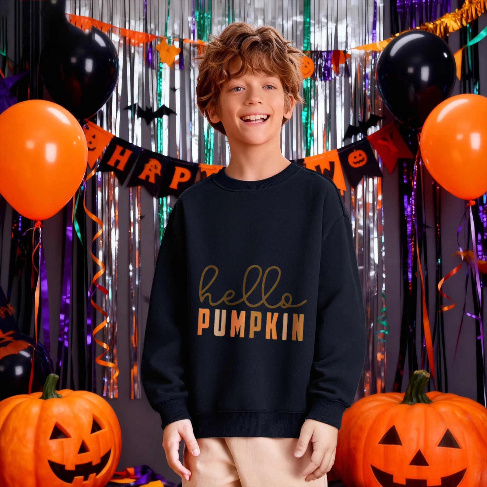 سويت شيرت للأطفال برقبة دائرية - بلوفر أبيض عصري "Hello Pumpkin" لموسم الخريف والخريف