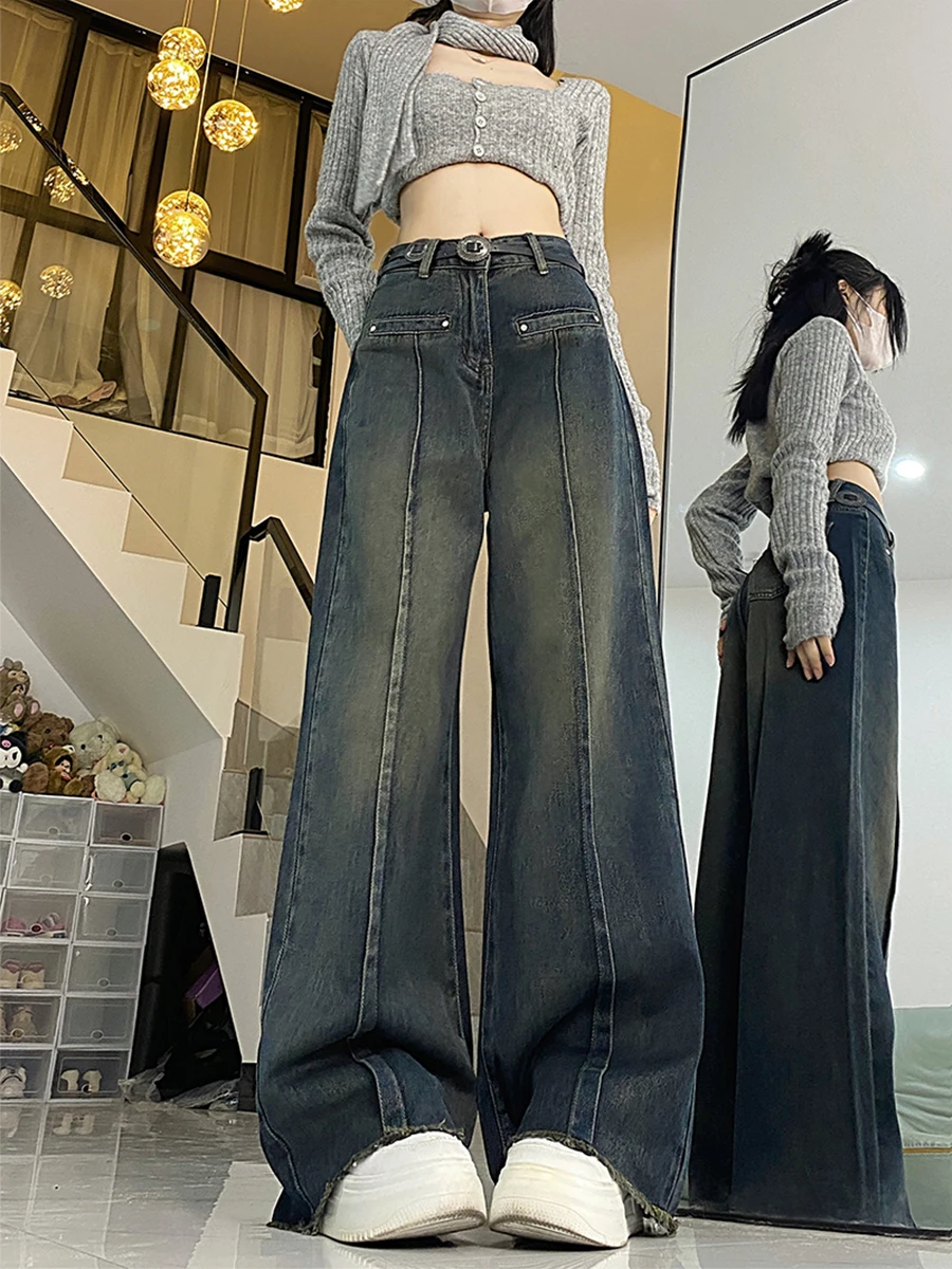 Czarne jeansy damskie plisowane denimowe Y2K moda koreańska Harajuku styl vintage boyfriend baggy luźne oversize damskie casual