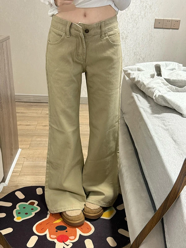 

Американские ретро-джинсы цвета хаки, расклешенные, женские, свободные, прямые, длинные брюки, осенние, новинка, низкая посадка, широкие штанины