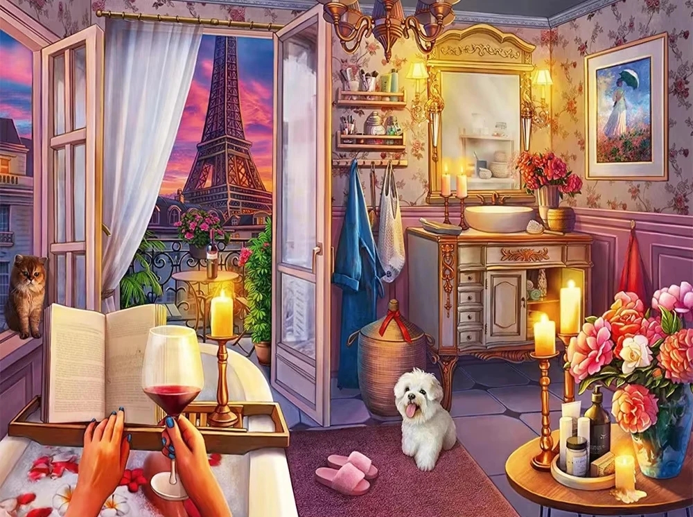 

500/1000/1200/2000 PCS Jigsaw Puzzles Nightlife Dog Scenery Family Activity Games for Gameroom Bedroom Home Decor Gift