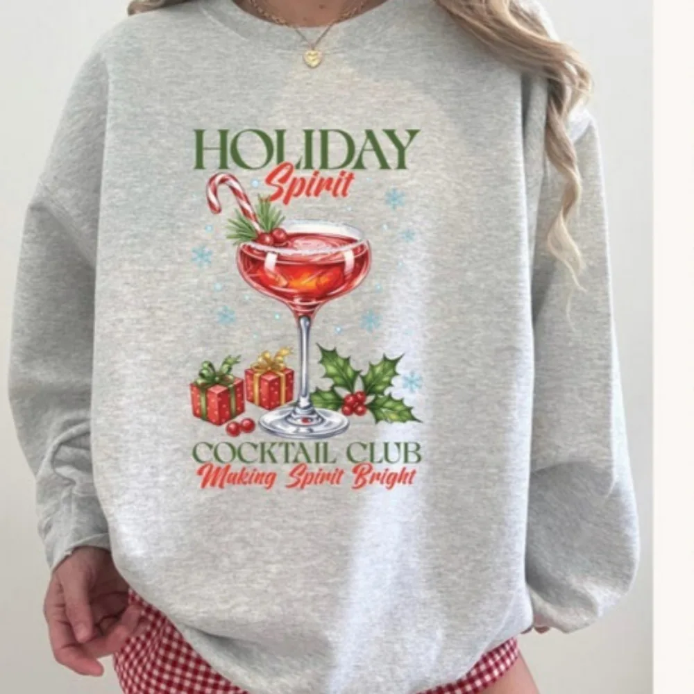 2025 Vintage Christmas Holiday Sweatshirts O-neck Sweatshirt Cocktails Club Women Sweater Bright Sweater for Christmas New Year