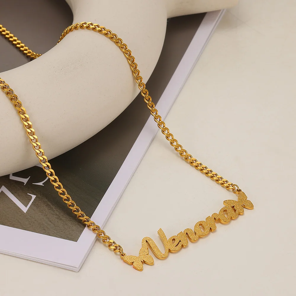 Custom Frosted Name Necklace Stainless Steel Personalized Cuban Chain Butterfly Nameplate Pendant Necklace Women Daily Wearing view 4
