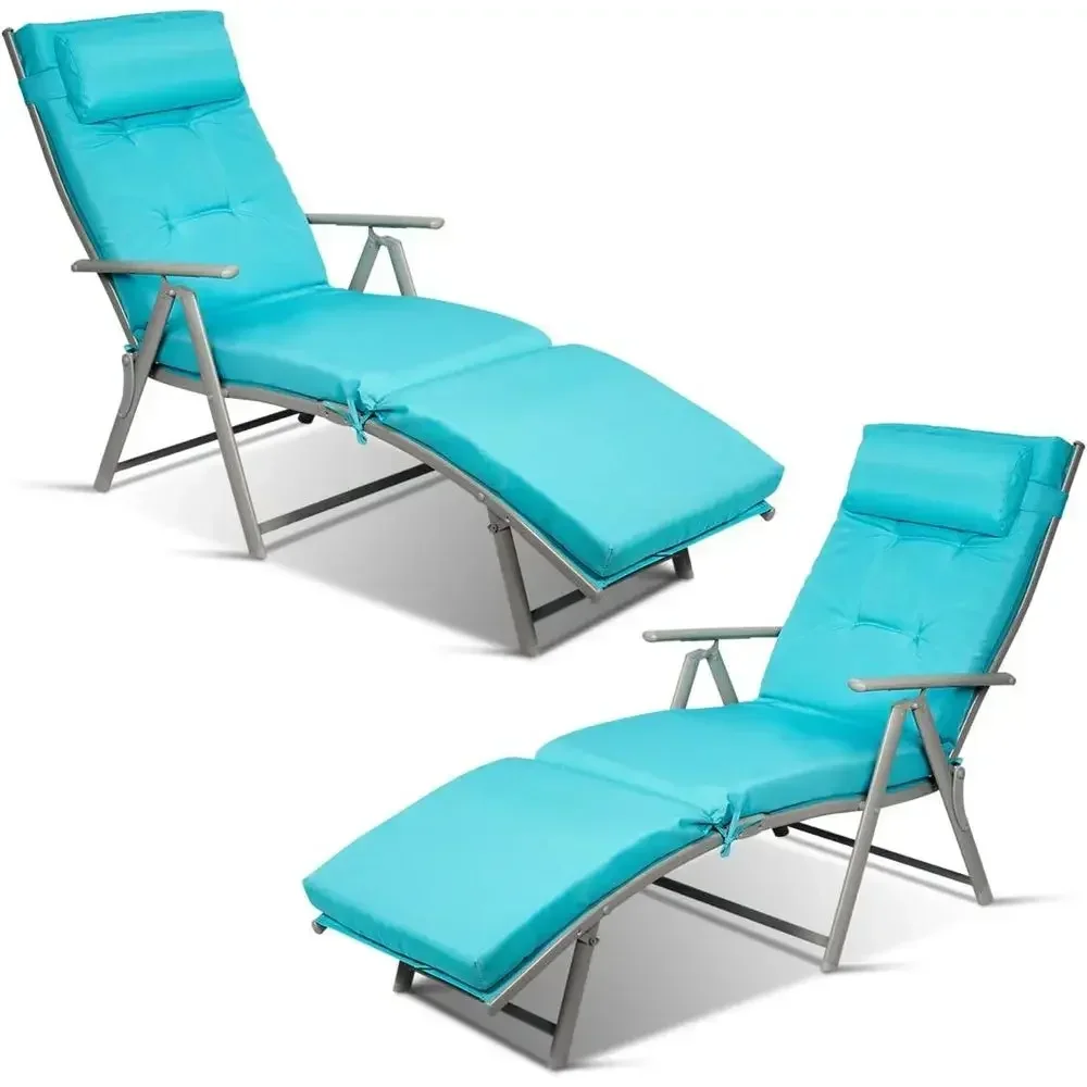 2-Piece Outdoor Folding Chaise Lounge Set with Adjustable Reclining Backrest and Removable Cushion, Ideal for Patio, Beach, or P