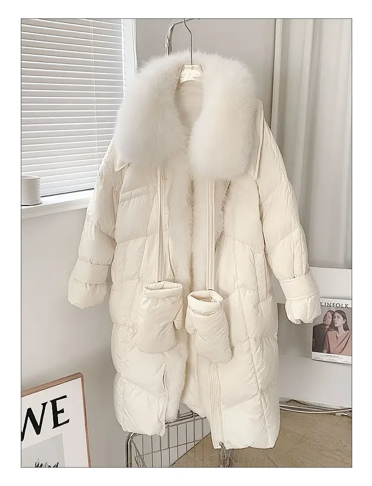 

Winter Down Jacket Women's Medium and Long Fox Hair Big Fur Collar 90 White Goose Down Jacket