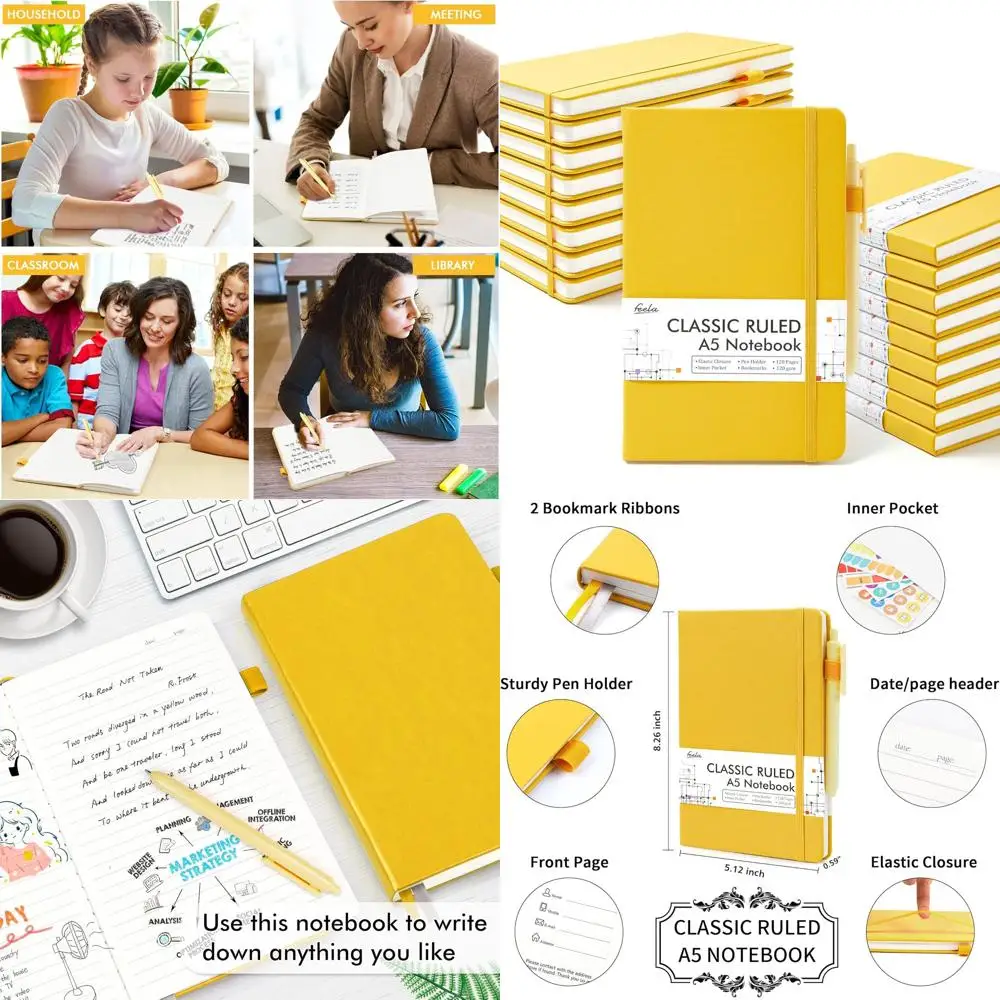 

Набор блокнотов А5 в линейку с 18 ручками, бумага 120 г/м², 5,1x8,3 дюйма, желтая обложка