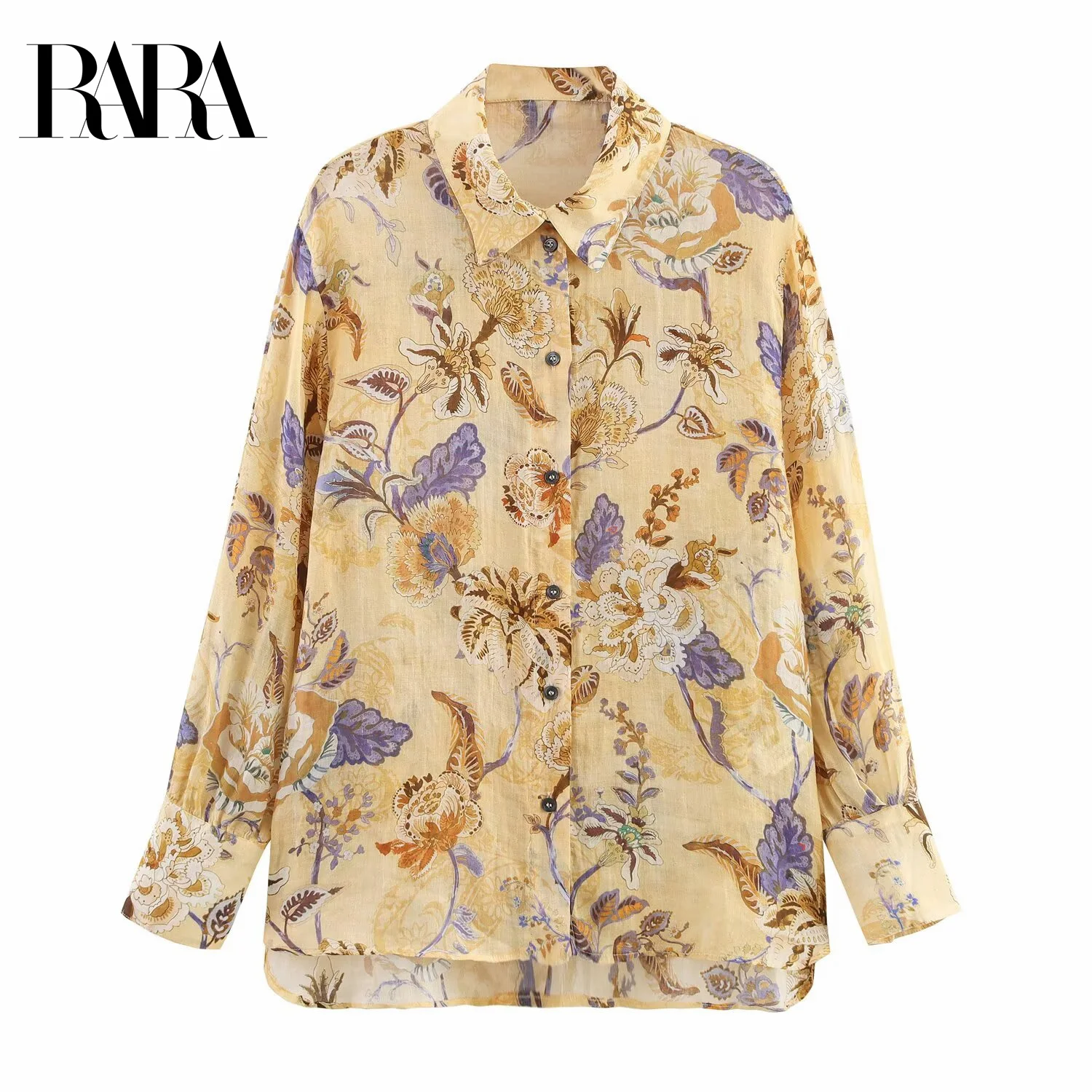 

RARA Womens Summer New Casual Elegant Lapel Long Sleeve Retro Printed Linen Blend Shirt Top