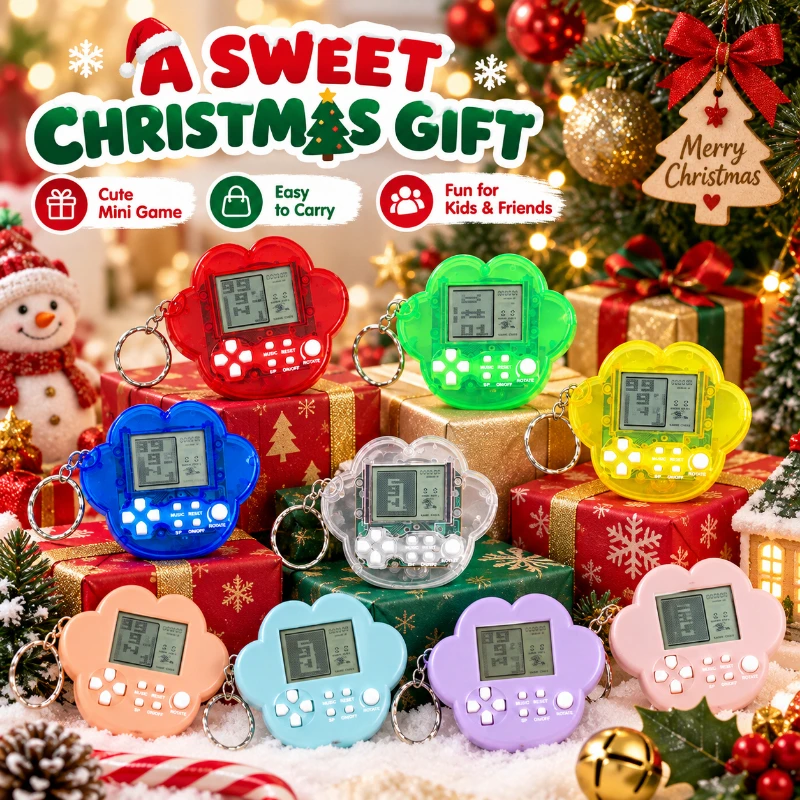 Cartoon Cat Claw Shape Pocket Game Key Ring Nostalgic Mini Game Machine Keychain Party Favor Decor For Christmas