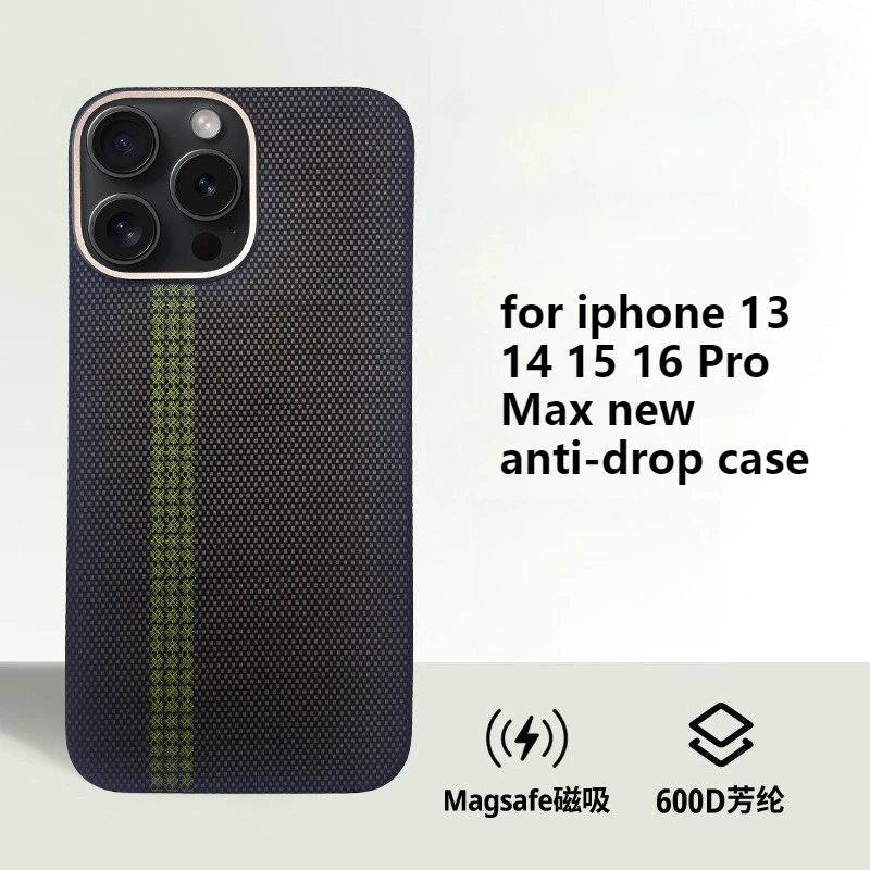 

Для Iphone 13 14, 15, 16 Pro Max, новый зеленый простой полосатый узор с защитой от падения, легкий тонкий кевларовый магнитный чехол для телефона из углеродного волокна
