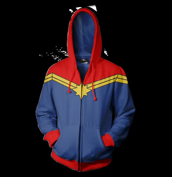 سترة ملابس رياضية بغطاء للرأس بسحاب مطبوع ثلاثي الأبعاد من Marvel Captain Marvel COS