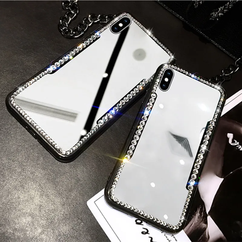 Net Hot New Mirror Rhinestone Makeup Female Case For iPhone 15 14 13 12 11 Pro Max 8 7 6 Plus 12 Mini X XR Xs Max Soft Shell