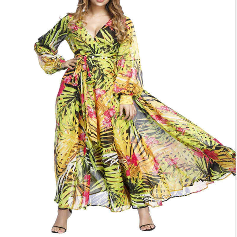 Spring/Summer New Printed Skirt Lantern Sleeves Sexy Deep V-Neck Green Leaf Long Dress Large Swing Skirt