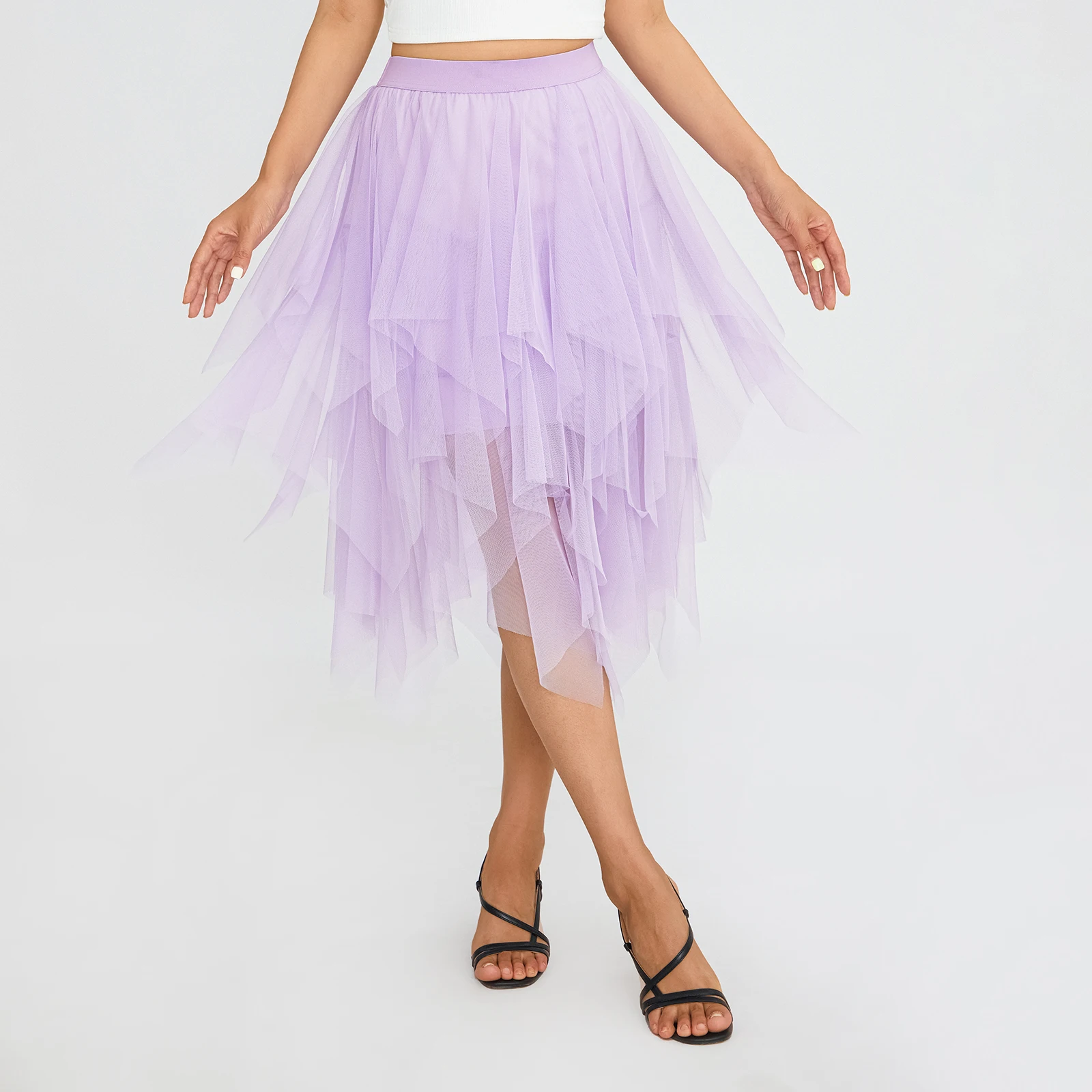 Falda de tutú de tul de Color liso para mujer, dobladillo Irregular, falda de malla elástica multicapa de princesa para fiesta en la playa, ropa de calle