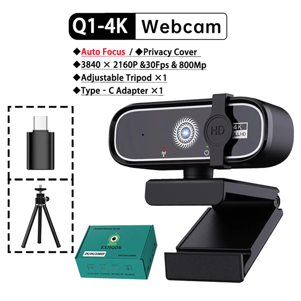 Webcam USB Autofokus Ultra HD 4K dengan Penutup Privasi, Adaptor Tipe-C — Hadiah Natal Kreatif, Kamera Komputer untuk Konferensi