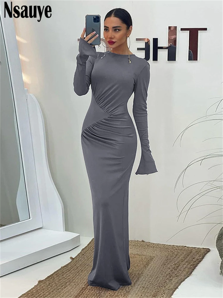 Nsauye Casaul Basic Women Long Sleeve Fashion Elegant Maxi Bodycon Dress Ladies Sexy Evening Holiday Party Night Club Dress 2024