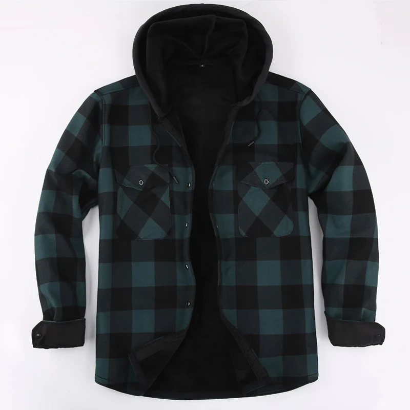 2023 New Autumn And Winter Men\'s Flannel Warm Long Sleeve Shirts Casual Fashion Comfortable Plaid Shirt With a Hood Male Clothes