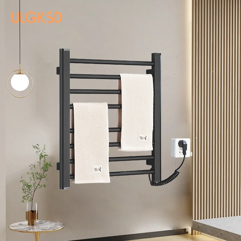Electric Heat Towel Rack Bathroom Bathrobe Drying Rack Storage Rack Carbon Fiber Waterproof Towel Pol Wall mounted No Perforat
