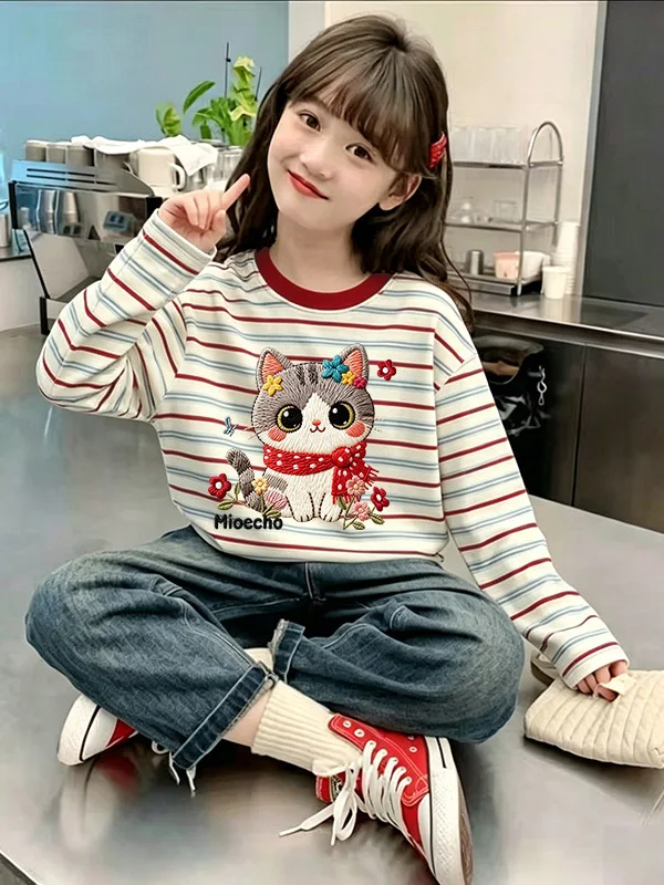 Girls' Pure Cotton Striped Long Sleeve T-Shirt Children's Casual Versatile Base Shirt Spring Autumn New Style Trendy Base Lay...