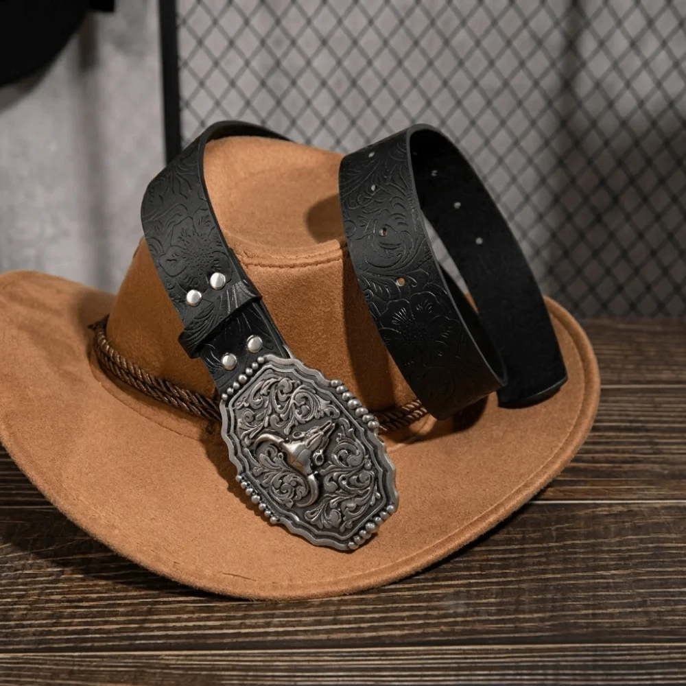 Vintage PU Leather Western Cowboy Belt Luxury Design Trendy Brand Bull Buckle Belt Embossed Business Casual Belt for Men