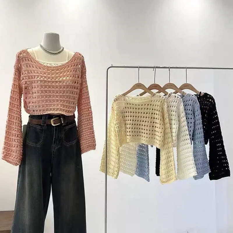 

Long Sleeve Crochet Knit Top Summer Beach Bikini Cover Up Crop Pullover Wool Knitwear Blouse Women Vacation Boho Outfit