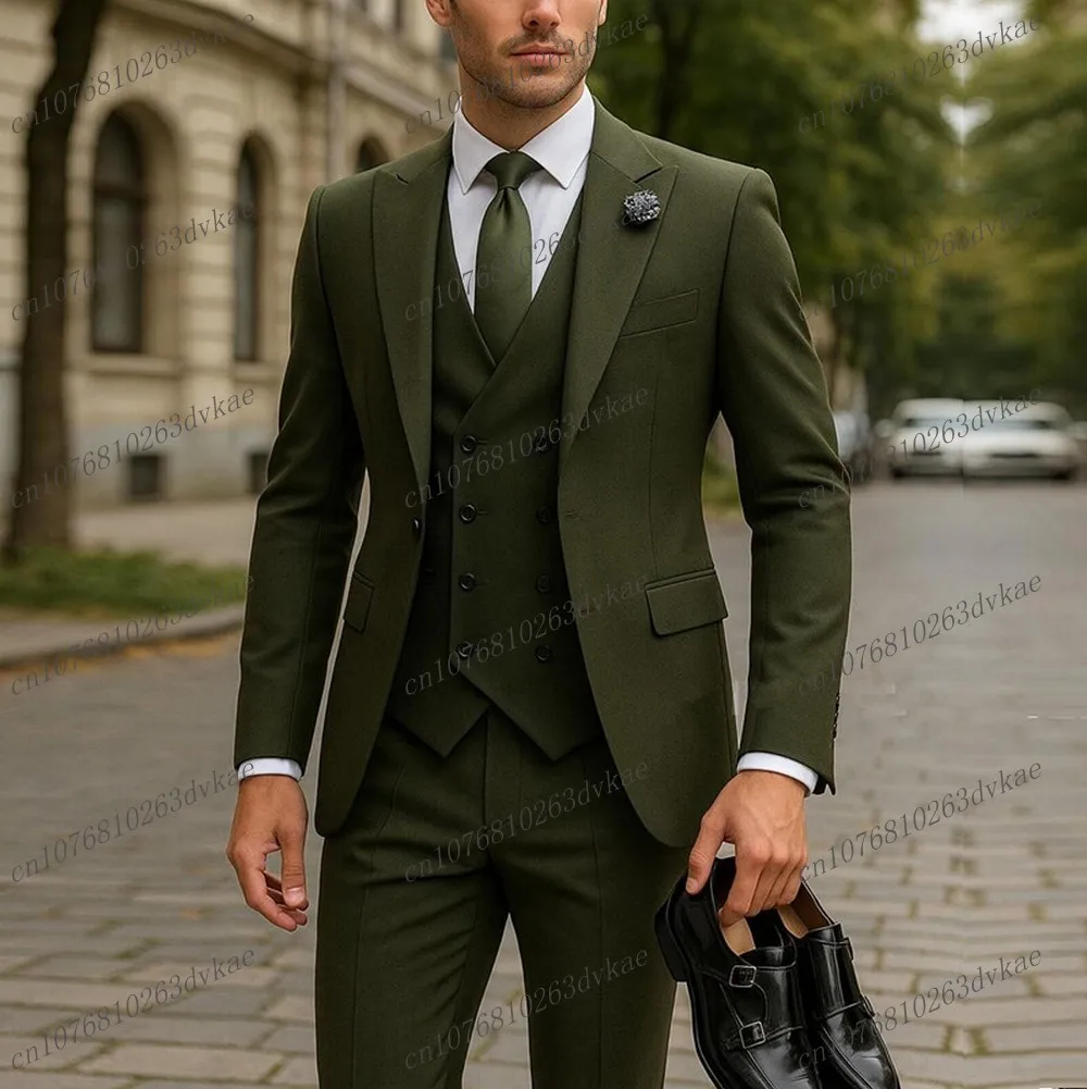 

New Army Green Men Suit Wedding Party Formal Groom Groomsman Prom Business Male Tuxedos 3 Piece Set Jacket Vest Pants