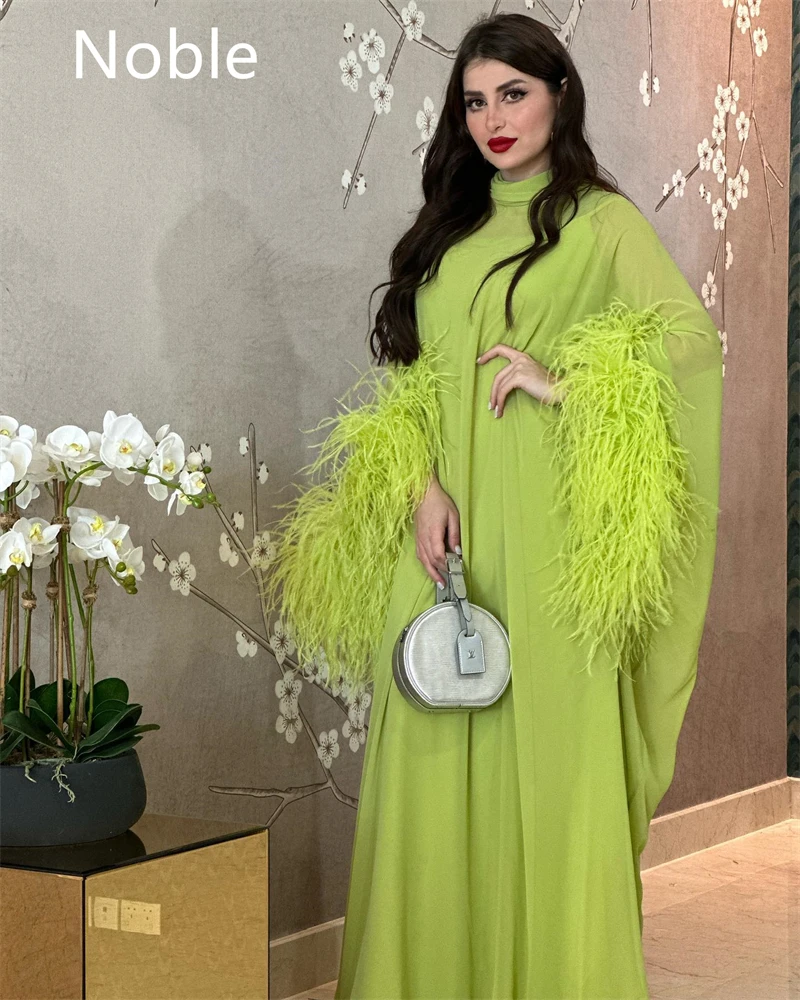 Noble Chartreuse High Neckline Prom Dress Floor-Length With Feathers Evening Summer Elegant Party Dress For Women2023