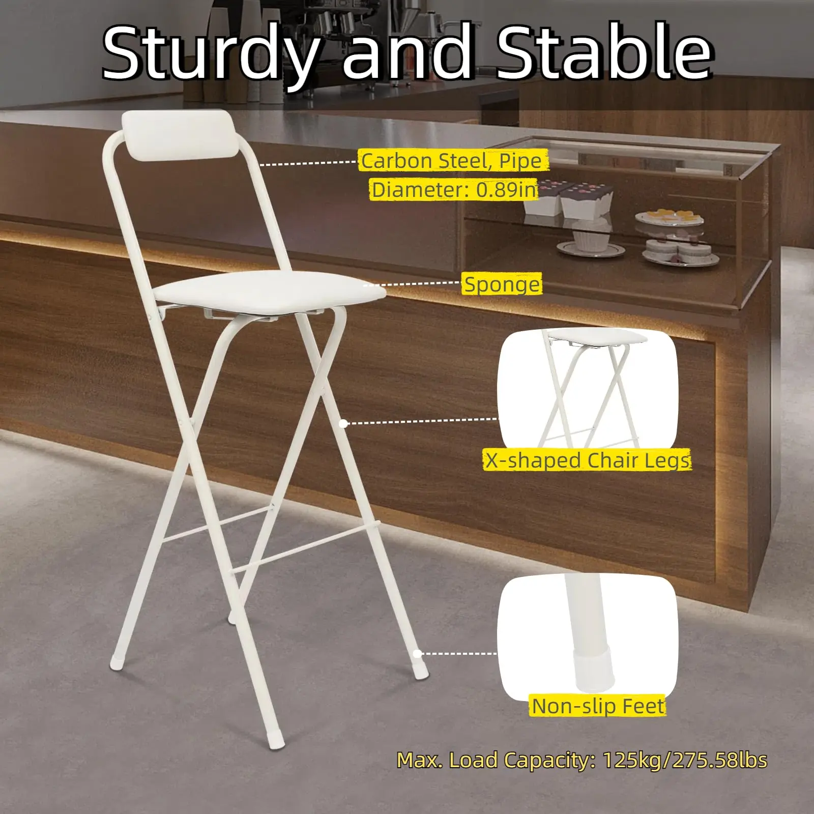 2 Sgabello da bar pieghevole, sedia da bar pieghevole alta 29,53 pollici con schienale cuscino in spugna sgabello pieghevole portatile altezza bancone, F