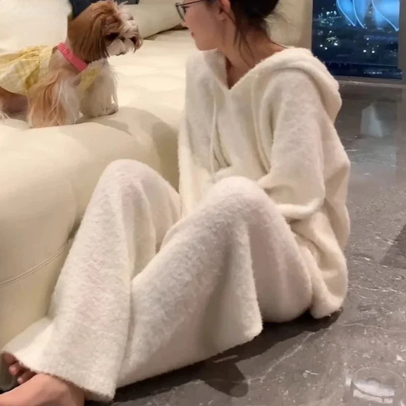 Flannel Pajama Sets Women Winter Hooded Sleepwear Thicken Warm Casual Baggy Home Ulzzang Simple Loungewear Fashion Comfortable image 6