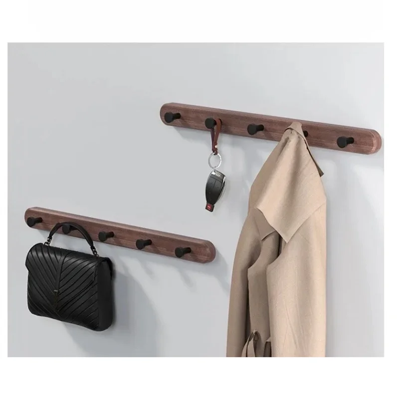 A04G-Black Walnut Coat Hooks In Walnut Solid Wood Space Aluminum No-Drill Design For Hallway, Hat Hooks, Bathroom Hangers