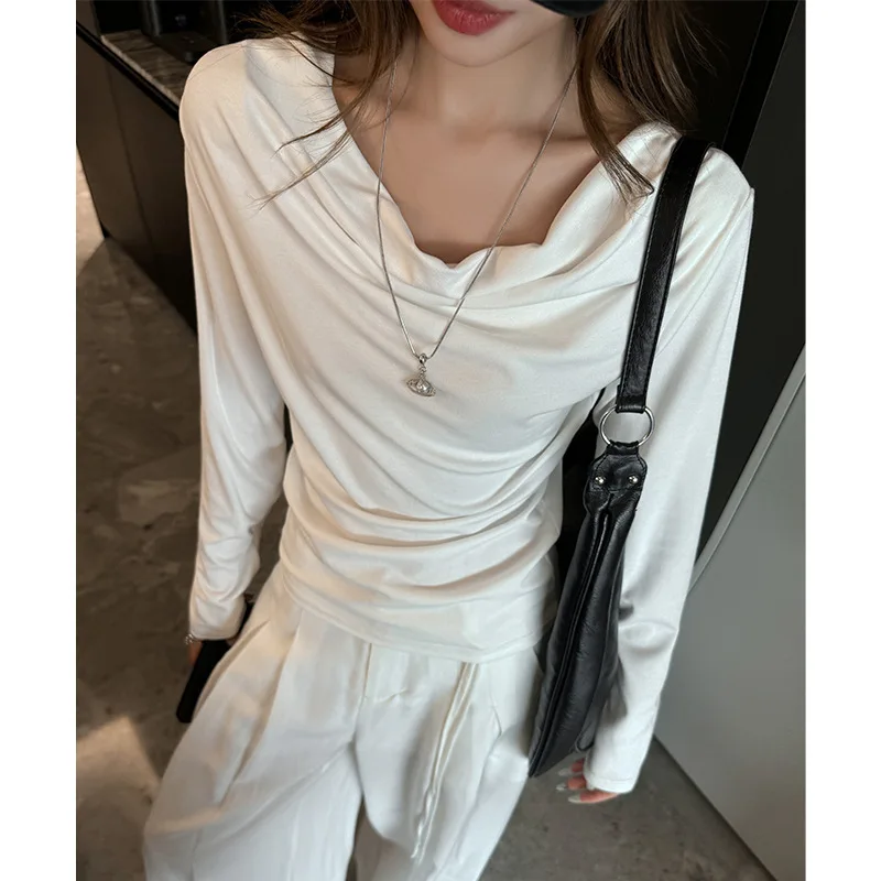 

Women's T-shirt 2025 Autumn Winter Long-Sleeve T Shirt Draped Collar Design Centric Elegant Casual Modal Base Layer Inner Top