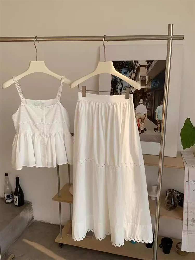 

Gagarich Fashion Korean Chic Summer Sweet Fresh Waist Strap Top+High Waist Hollow Lace Half Skirt Set Women