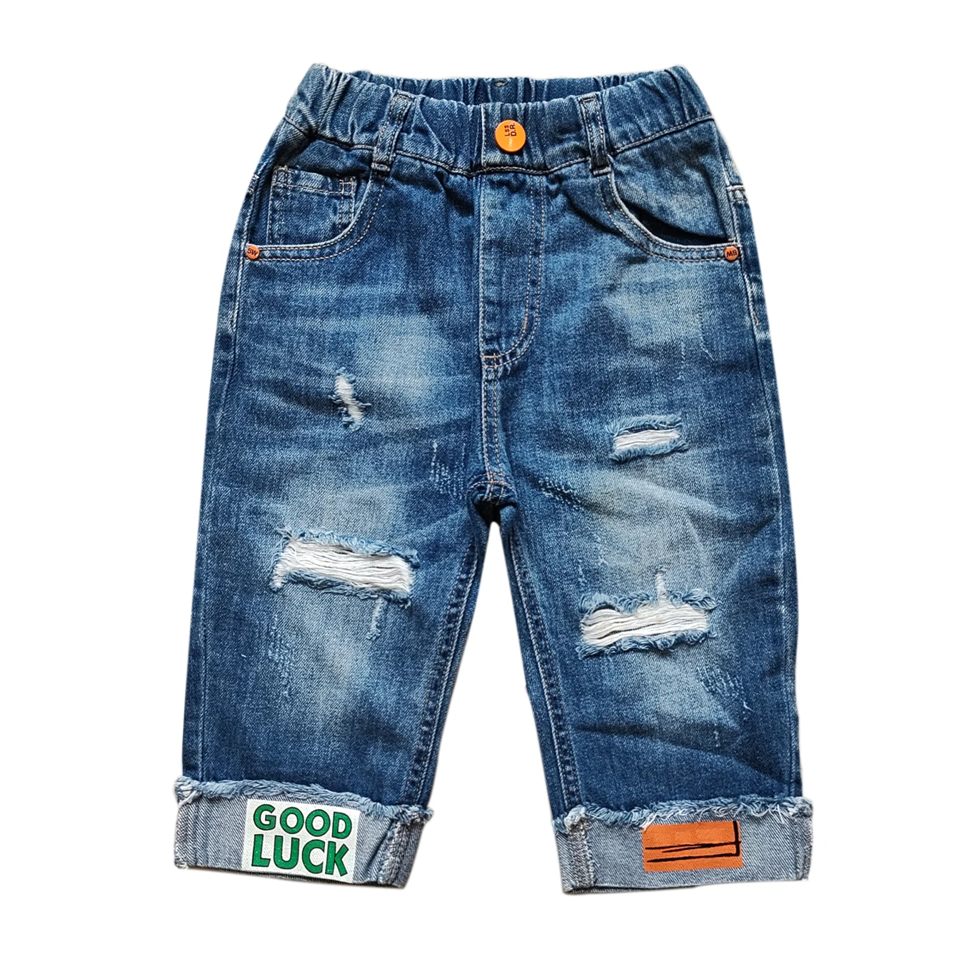 5083 elastic waist ripped  summer boys shorts kids jeans children shorts 70% length hole soft denim