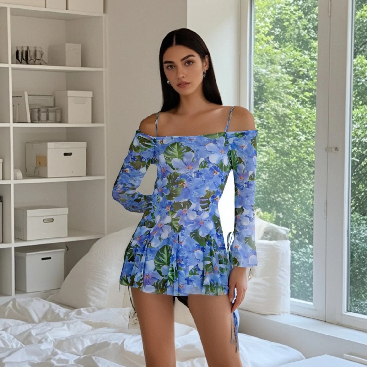 

2025New Arrival Women's Off - Shoulder Spaghetti - Strap Long - Sleeve Mini Dress with Floral Pattern and Side Drawstring Detais