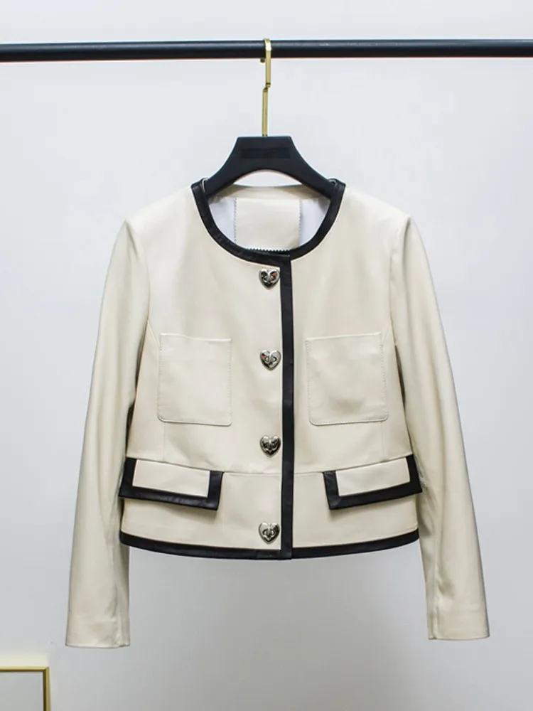 Veste en cuir véritable pour femme, manteau de travail en peau de mouton rose, boutons cœurs, doux, court, élégant, dames de bureau, printemps, nouveau