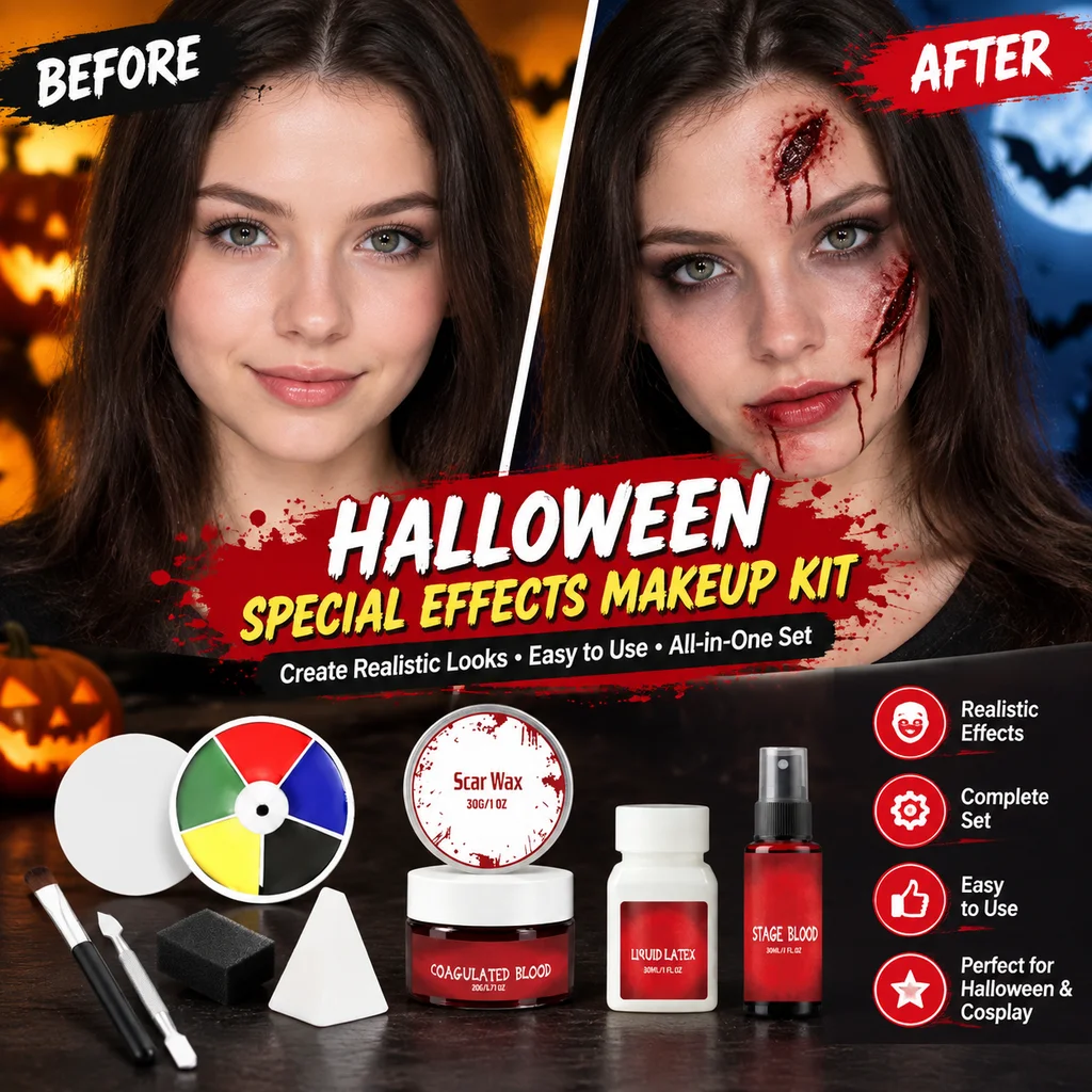 Halloween SFX Makeup Set Complete Kit Scar Wax Fake Blood 6 Color Face Paint Palette Cosplay Stage Costume Sensitive Skin 200g