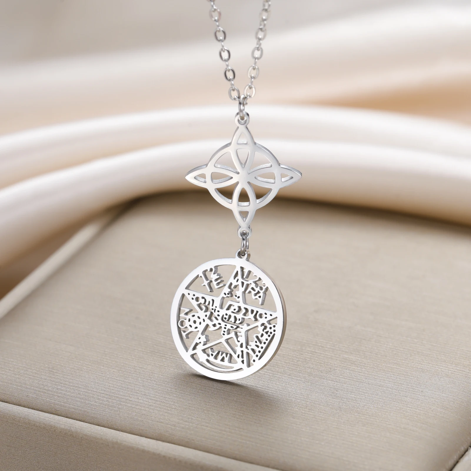 Lemegeton Double Amulet Protection Necklace Witch Knot Pentagram Tetragrammaton Stainless Steel Protection Jewerly Wholesale
