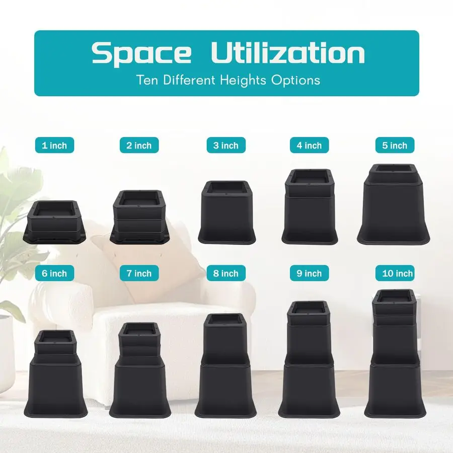 Risers de 10 polegadas resistentes, elevação em alturas 1,2,3,4,5,6,7,8,9,10 polegadas, elevadores de móveis ajustáveis para mesa de cadeira e perna de mesa