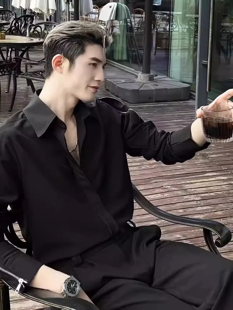 

Новая мужская рубашка с длинным рукавом на осень-зиму, модный дизайн, двойная молния, универсальный однотонный цвет