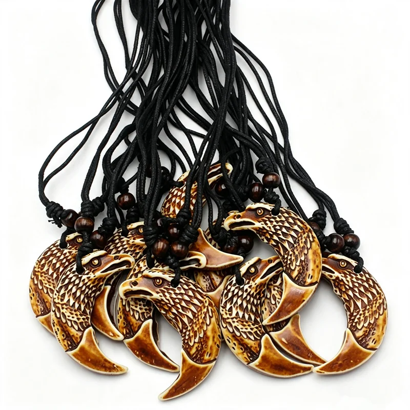 RUEMOY 12Pcs Carved Eagle Faux Tusk Necklaces, Solid Resin Imitation Bone, Adjustable Bead Cord, Tribal Surf Unisex Jewelry