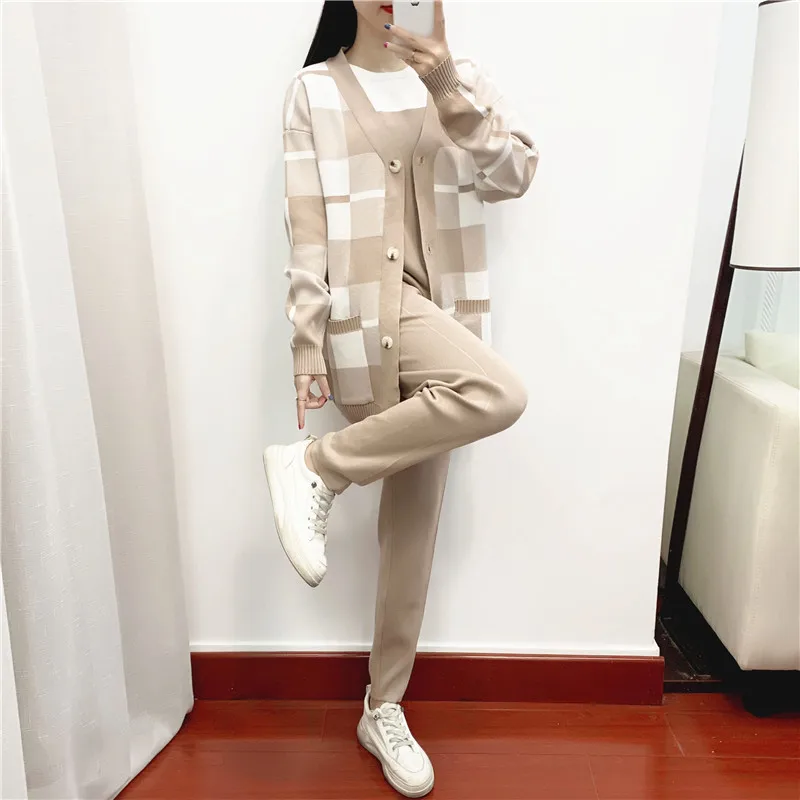 Jesień zima Plaid Knit damski dres sweter sweter płaszcz + krótki rękaw top + solidne spodnie Harem 3 częściowy zestaw kobiet