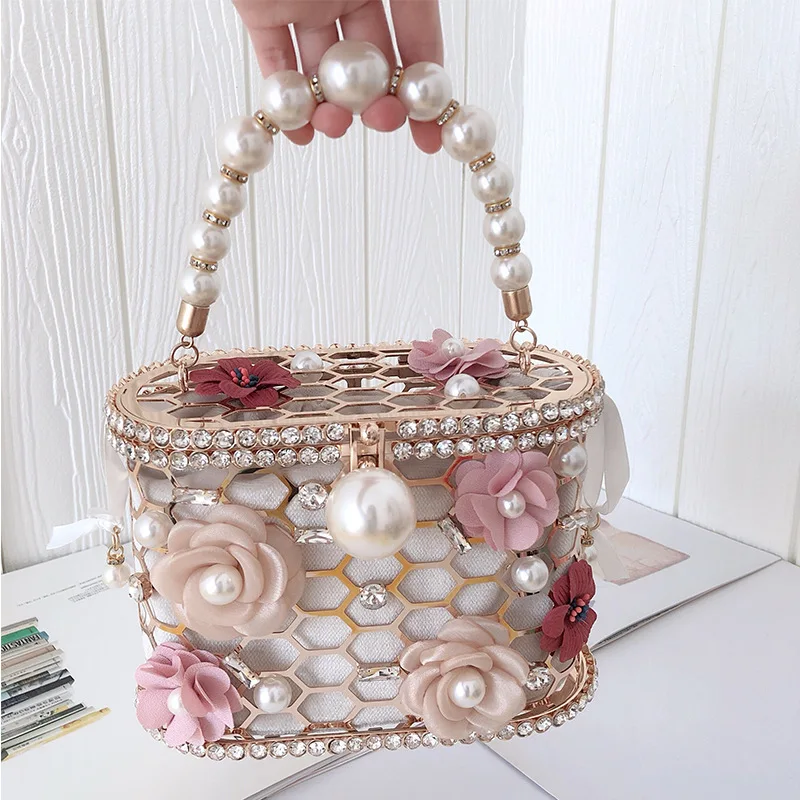 Pearl bag girl 2022 new dinner bag niche design bucket bag advanced birdcage bag rhinestones