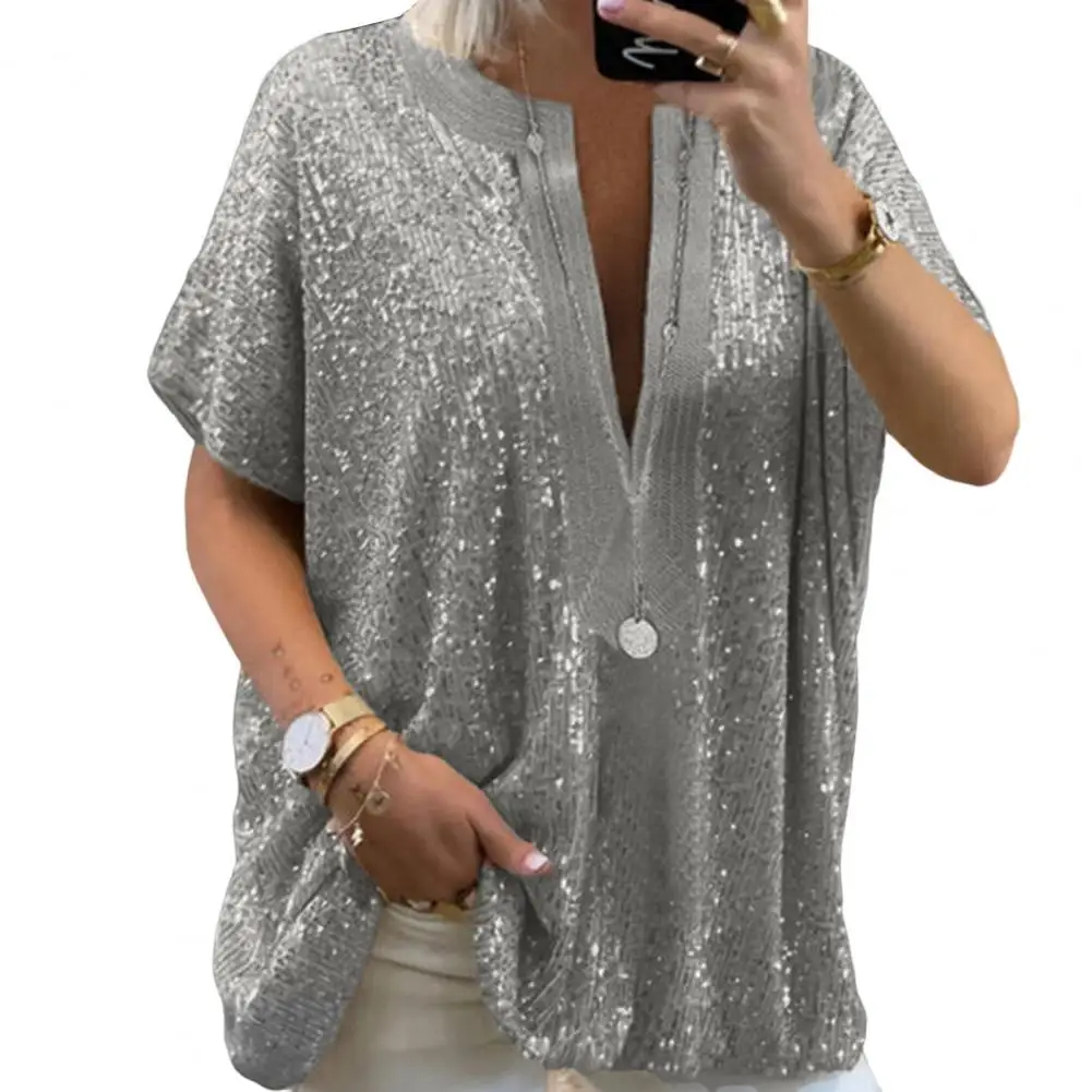 Vintage Women T-shirt Sequins Loose Summer 2023 Tee Shirt Female Short Sleeve Oversize T-shirt Silver Gold Color