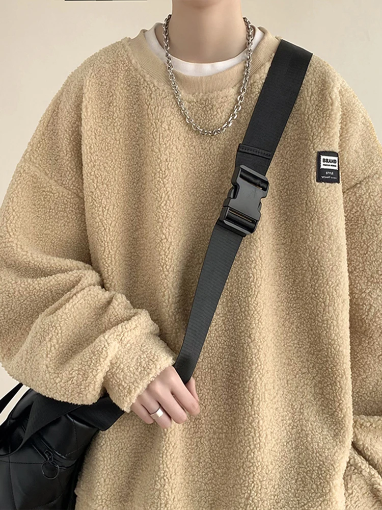 

Мужская зимняя толстовка из овечьей шерсти без капюшона, утепленная, оверсайз, модная, брендовая, для ношения под одеждой, повседневная, свободного кроя