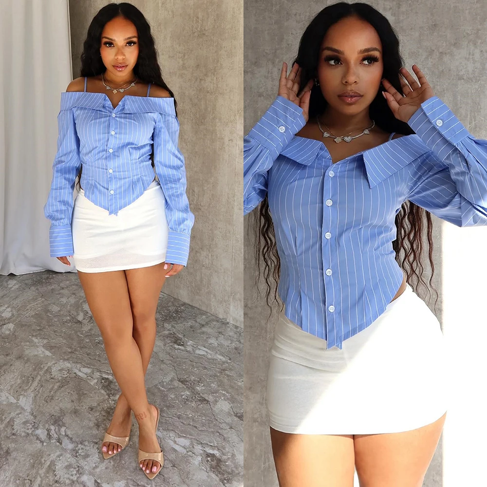 Women's Stripe Print Off Shoulder Button Down Shirt Top Elegant Lonng Sleeve Irregular Blouses Shirt Sexy Clubwear 2024 Summer