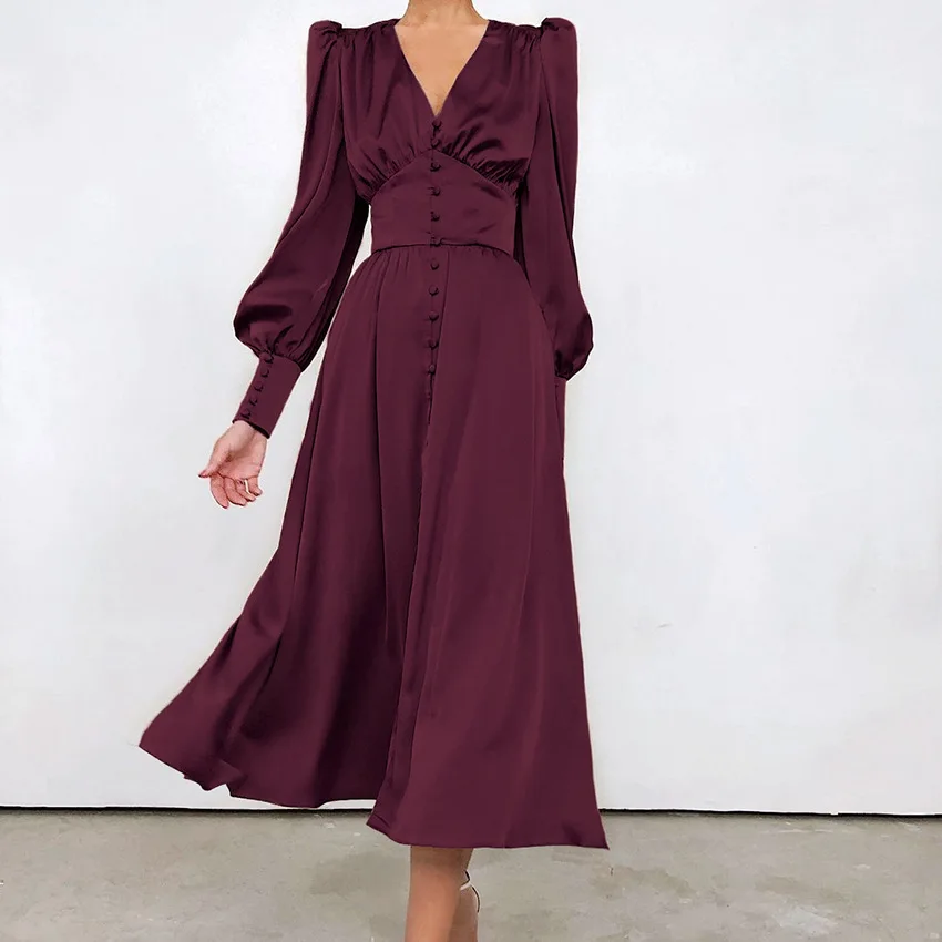 

Court Retro Long Dresses Women V-neck Button Lantern Sleeve Patchwork Folds Dress Vintage Sweet Elegant Slim Fit Female Clothes