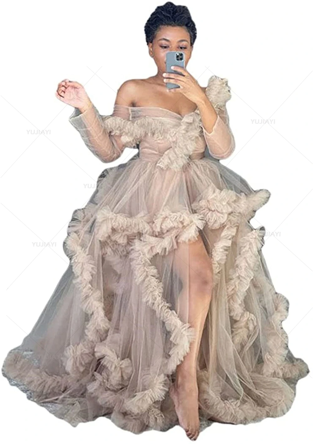 Frau Rüschen Robe von der Schulter volle Ärmel Tüll sexy Party Abschluss ball Kleid Roben Braut Dessous Nachtwäsche Fotoshooting Kleid