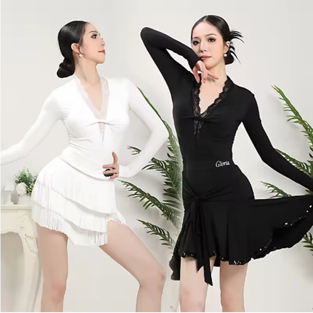 Adult Latin Dance Costume Women Latin Practice Suit Lace V-Neck Bodysuit Fringe Skirt White Dance Performance Clothing  yj807